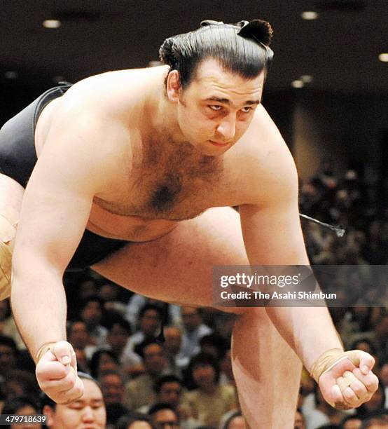 Bulgarian ozeki Kotooshu prepares to compete during the Grand Sumo Summer Tournament at Ryogoku Kokugikan on May 22, 2008 in Tokyo, Japan. Kotooshu,...