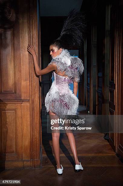Model walks the runway during the Serkan Cura show as part of Paris Fashion Week Haute Couture Fall/Winter 2015/2016 on July 6, 2015 in Paris, France.