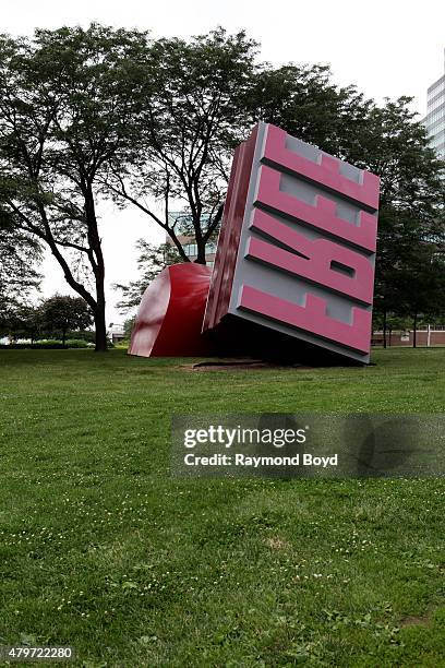 Claes Oldenburg and Coosje van Bruggen's "Free Stamp" sculpture sits in Willard Park on June 19, 2015 in Cleveland, Ohio.