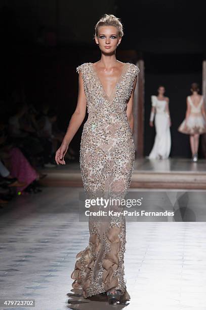 Model walks the runway during the Tony Ward show as part of Paris Fashion Week Haute Couture Fall/Winter 2015/2016 on July 6, 2015 in Paris, France.