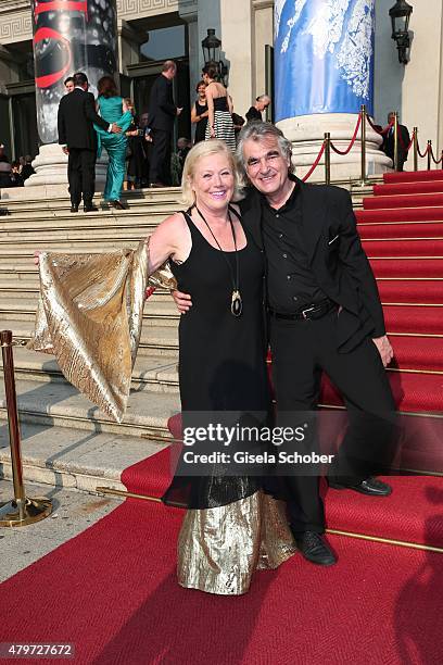 Designer Susanne Wiebe and her partner Dr. Karsten Temme during the premiere of the opera 'Arabella' on July 6, 2015 in Munich, Germany.