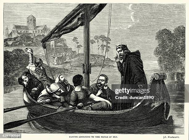 king canute listening to the monks of ely - ely stock illustrations