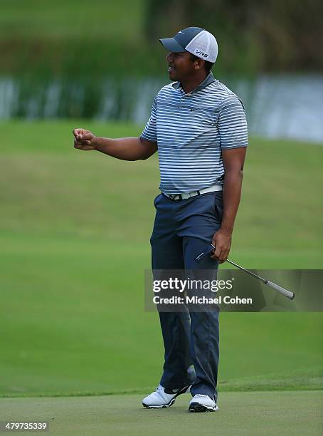 Jhonattan Vegas of Venezuela reacts to a putt during the second round of the Puerto Rico Open presented by seepuertorico.com held at Trump...