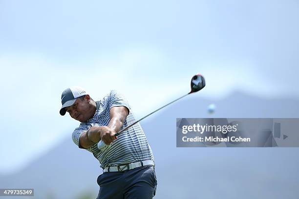 Jhonattan Vegas of Venezuela hits a drive during the second round of the Puerto Rico Open presented by seepuertorico.com held at Trump International...