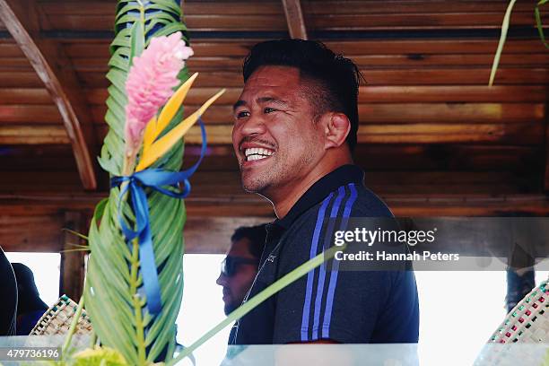 Keven Mealamu of the New Zealand All Blacks enjoys a bus ride during a parade down the main street of Apia on July 7, 2015 in Apia, Samoa.