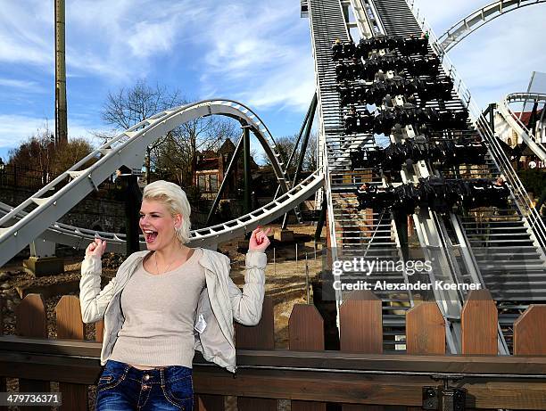Melanie Mueller attends the opening of the new wing coaster 'Flug der Daemonen' at Heidepark on March 20, 2014 in Soltau, Germany.