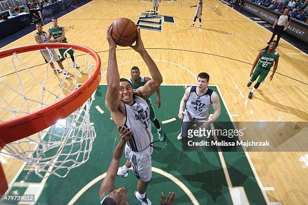 Grant Jerrett of the Utah Jazz goes to the basket against the Boston Celtics during the NBA Summer League on July 6, 2015 at EnergySolutions Arena in...