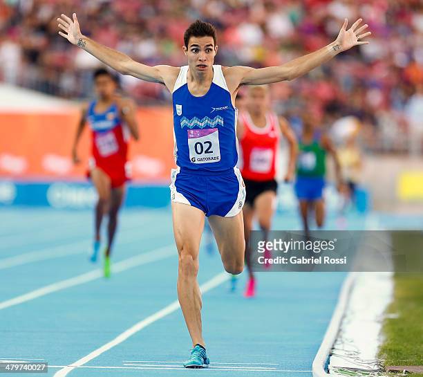 Federico Bruno of Argentina wins the gold medal in Men's 1,500m during day eight of the X South American Games Santiago 2014 at Estadio Nacional de...