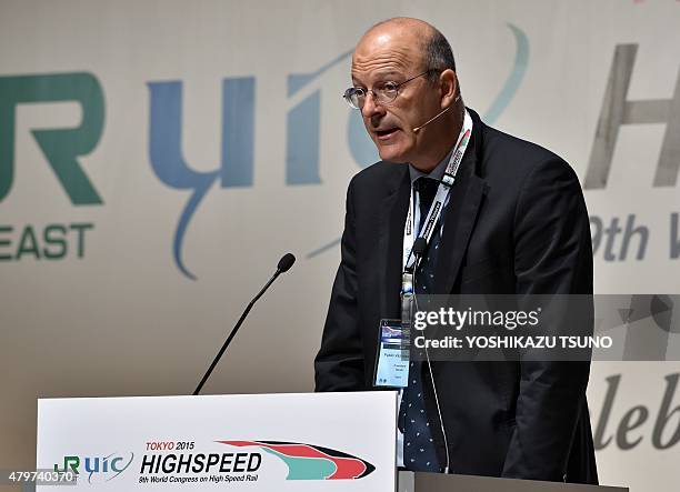 Pablo Vazquez-Vega, president of Spanish railway company Renfe-Operadora, speaks at the UIC 9th World Congress on High Speed Rail in Tokyo on July 7,...