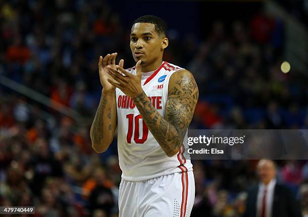 LaQuinton Ross of the Ohio State Buckeyes reacts after a foul is called against the Dayton Flyers during the second round of the 2014 NCAA Men's...
