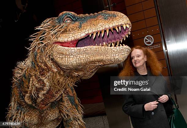 Creative director of American Vogue magazine, Grace Coddington poses with a baby T-Rex in Times Square at the "Walking With Dinosaurs: The Arena...