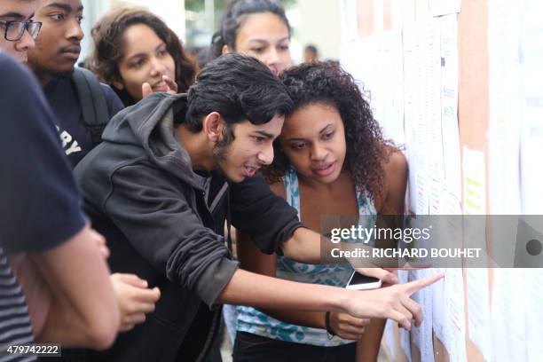 Students react after viewing the results of the baccalaureat exam on July 7, 2015 at the Leconte de Lisle high school in Saint-Denis-de-la-Reunion,...