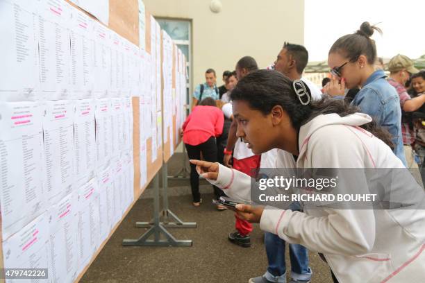 Students react after viewing the results of the baccalaureat exam on July 7, 2015 at the Leconte de Lisle high school in Saint-Denis-de-la-Reunion,...