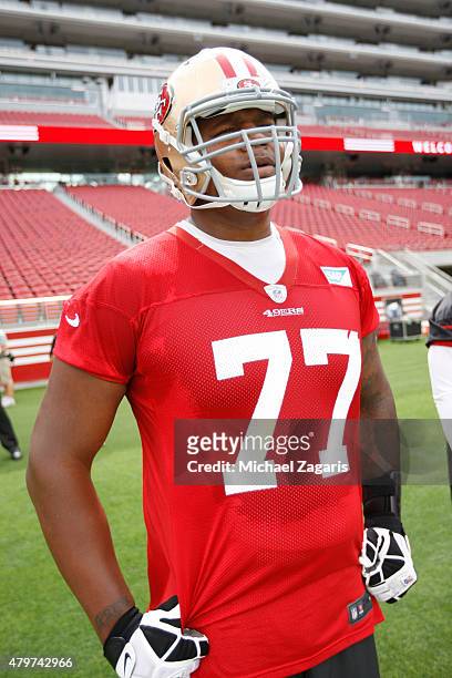 San Francsico 49ers seventh round draft pick Trent Brown stands on the field during the teams Mini Camp at Levi Stadium on June 9, 2015 in Santa...