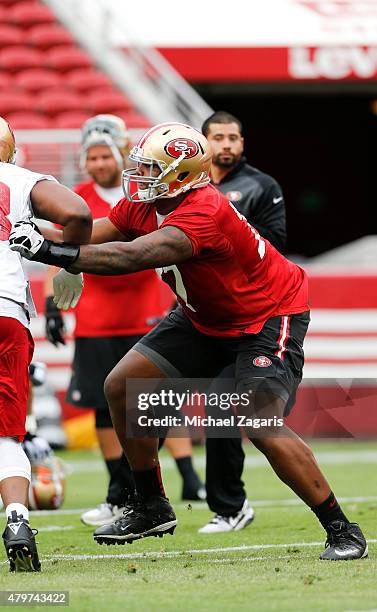 San Francsico 49ers seventh round draft pick Trent Brown goes through drills during the teams Mini Camp at Levi Stadium on June 9, 2015 in Santa...
