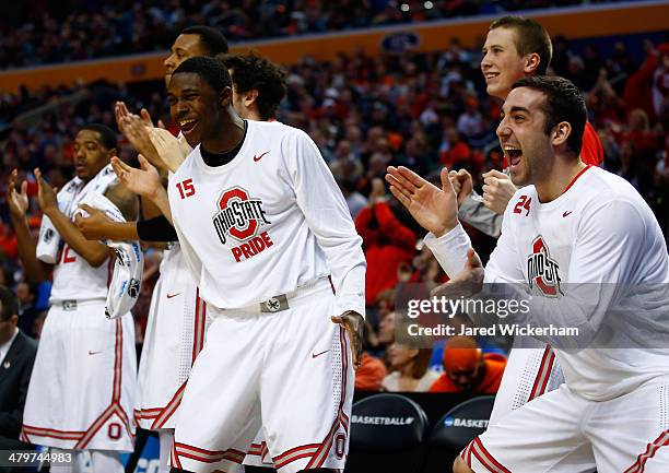 Andrew Goldstein and Kam Williams of the Ohio State Buckeyes react after a play against the Dayton Flyers during the second round of the 2014 NCAA...