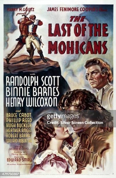 Poster for 'The Last Of The Mohicans', directed by George B Seitz and starring Binnie Barnes, Randolph Scott and Henry Wilcoxon, 1936.