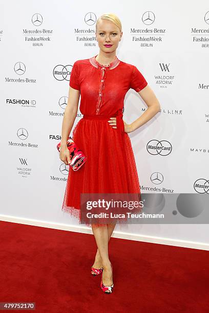 Franziska Knuppe attends the Lena Hoschek show during the Mercedes-Benz Fashion Week Berlin Spring/Summer 2016 at Brandenburg Gate on July 7, 2015 in...