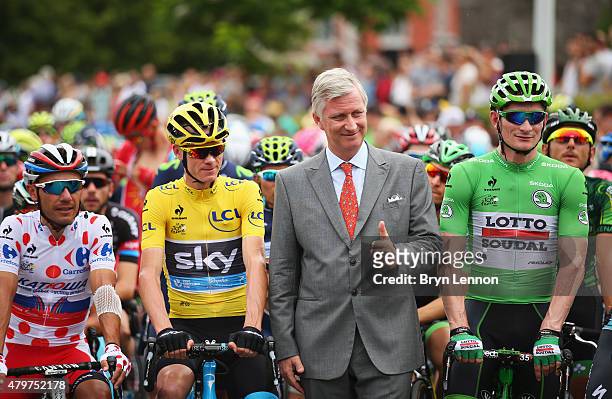 Yellow jersey wearer Chris Froome of Great Britain and Team Sky and polka-dot jersey wearer Joaquin Rodriguez Oliver of Spain and Team Katusha, green...