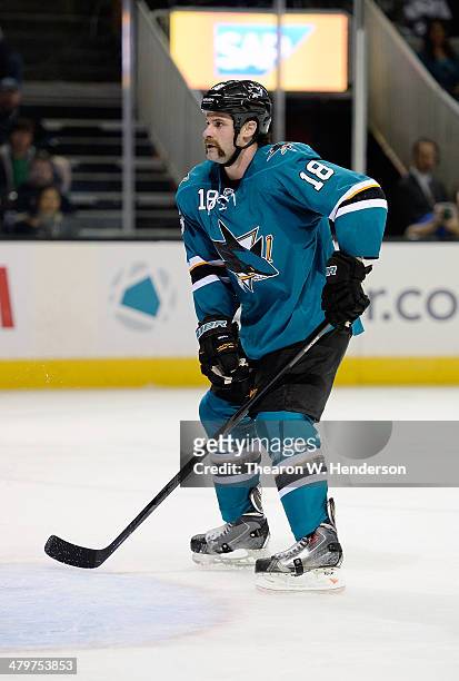 Mike Brown of the San Jose Sharks skates agaisnst the Toronto Maple Leafs during the second period at SAP Center on March 11, 2014 in San Jose,...
