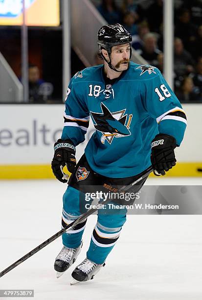 Mike Brown of the San Jose Sharks skates agaisnst the Toronto Maple Leafs during the second period at SAP Center on March 11, 2014 in San Jose,...