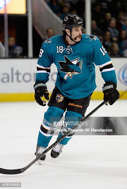 Mike Brown of the San Jose Sharks skates agaisnst the Toronto Maple Leafs during the second period at SAP Center on March 11, 2014 in San Jose,...