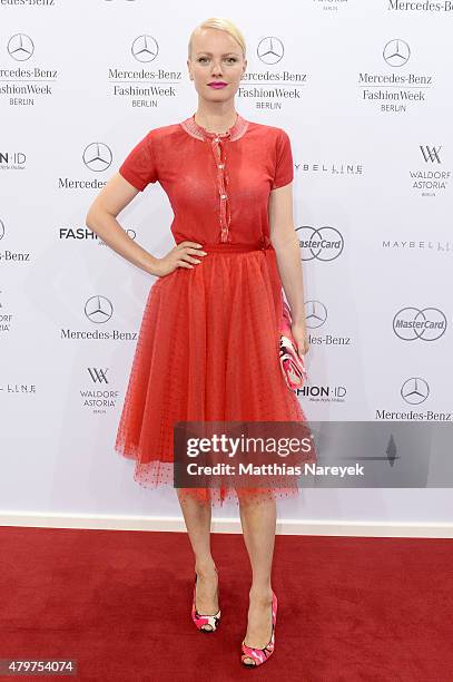 Franziska Knuppe attends the Lena Hoschek show during the Mercedes-Benz Fashion Week Berlin Spring/Summer 2016 at Brandenburg Gate on July 7, 2015 in...