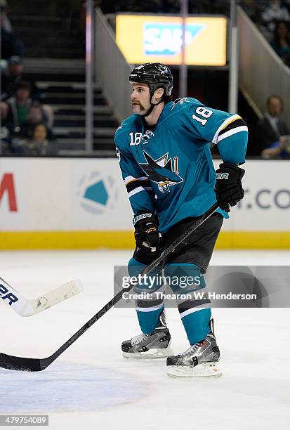 Mike Brown of the San Jose Sharks skates agaisnst the Toronto Maple Leafs during the second period at SAP Center on March 11, 2014 in San Jose,...