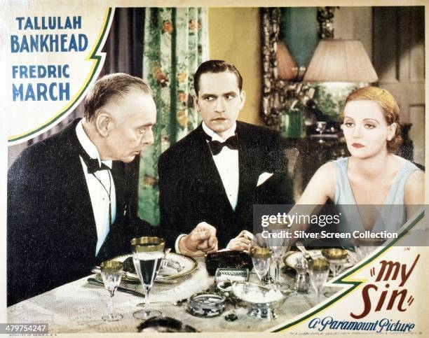 Lobby card for George Abbott's 1931 drama 'My Sin', starring Tallulah Bankhead and Fredric March . On the left is Harry Davenport as Roger Metcalf.