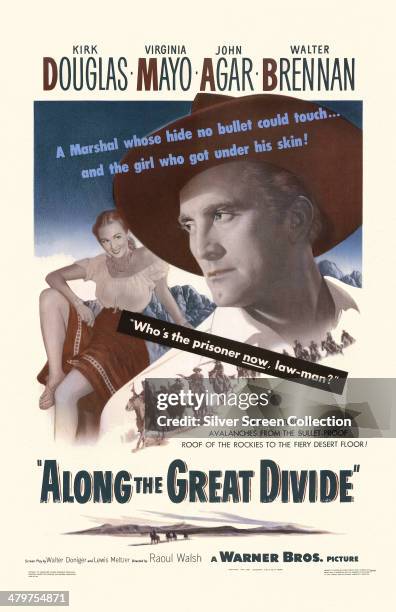 Poster for Raoul Walsh's 1951 western 'Along The Great Divide', starring Kirk Douglas and Virginia Mayo.