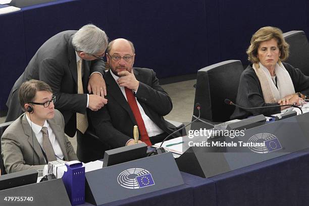 Jean-Claude Juncker, President of the European Commission, speaks with Martin Schultz, President of the European Parliament in the Plenary room of...