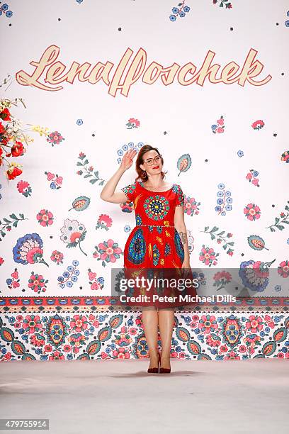 Designer Lena Hoschek is seen on the runway at the Lena Hoschek show during the Mercedes-Benz Fashion Week Berlin Spring/Summer 2016 at Brandenburg...