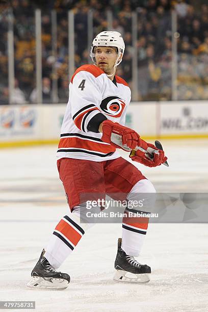 Andrej Sekera of the Carolina Hurricanes skates against the Boston Bruins at the TD Garden on March 15, 2014 in Boston, Massachusetts.