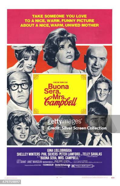 Poster for Melvin Frank's 1968 comedy 'Buona Sera, Mrs Campbell', with Shelley Winters, Phil Silvers, Lee Grant, Gina Lollobrigida, Telly Savalas,...