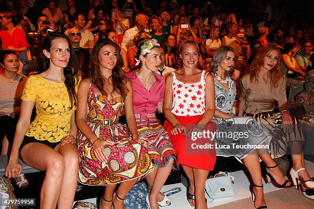 Saralisa Volm, Ekaterina Leonova, Wanda Badwal, Eva Mona Rodekirchen, Masha Sedgwick and Andrea Sawatzki attend the Lena Hoschek show during the...