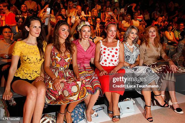 Saralisa Volm, Ekaterina Leonova, Wanda Badwal, Eva Mona Rodekirchen, Masha Sedgwick and Andrea Sawatzki attend the Lena Hoschek show during the...
