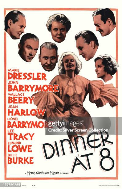 Poster for George Cukor's 1933 comedy drama 'Dinner At Eight', starring Jean Harlow and Lionel Barrymore, Lee Tracy, Wallace Beery, Marie Dressler,...