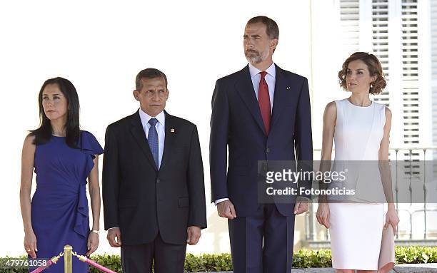 King Felipe VI of Spain and Queen Letizia of Spain receive Peruvian President Ollanta Humala Tasso and wife Nadine Heredia Alarcon at El Pardo Palace...