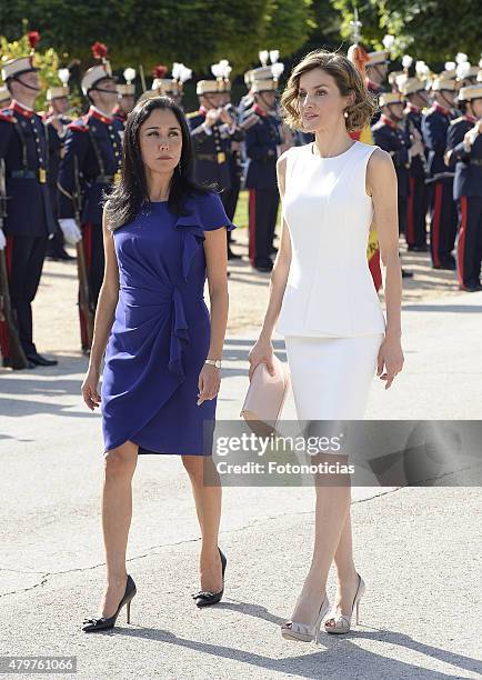 Queen Letizia of Spain receives Peruvian First Lady Nadine Heredia Alarcon at the El Pardo Palace on July 7, 2015 in Madrid, Spain.