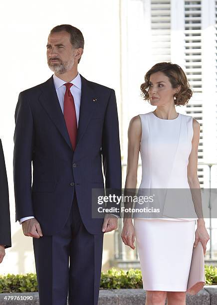 King Felipe VI of Spain and Queen Letizia of Spain receive Peruvian President Ollanta Humala Tasso and wife Nadine Heredia Alarcon at the El Pardo...