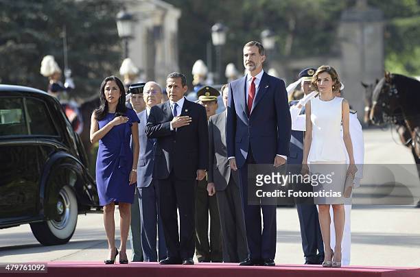 King Felipe VI of Spain and Queen Letizia of Spain receive Peruvian President Ollanta Humala Tasso and wife Nadine Heredia Alarcon at the El Pardo...