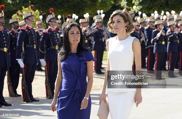 Queen Letizia of Spain receives Peruvian First Lady Nadine Heredia Alarcon at the El Pardo Palace on July 7, 2015 in Madrid, Spain.