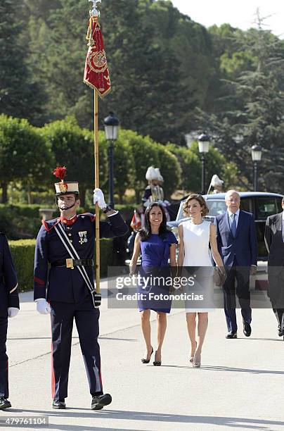 Queen Letizia of Spain receives Peruvian First Lady Nadine Heredia Alarcon at the El Pardo Palace on July 7, 2015 in Madrid, Spain.