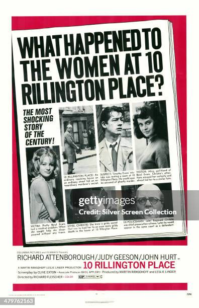 Poster for Richard Fleischer's 1971 crime drama '10 Rillington Place', featuring Richard Attenborough, Pat Heywood, Judy Geeson, Attenborough, John...