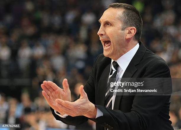 Head coach David Blatt of Maccabi Electra Tel Aviv reacts during the 2013-2014 Turkish Airlines Euroleague Top 16 game between Partizan Belgrade and...