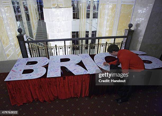 In this handout image supplied by Host Photo Agency / RIA Novosti, participants at the BRICS Youth Summit on July 06, 2015 in Kazan, Russia.