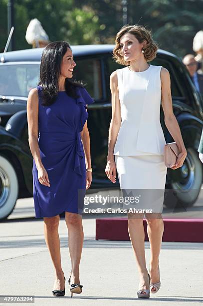 Queen Letizia of Spain receives Peruvian President wife's Nadine Heredia Alarcon at the El Pardo Palace on July 7, 2015 in Madrid, Spain.