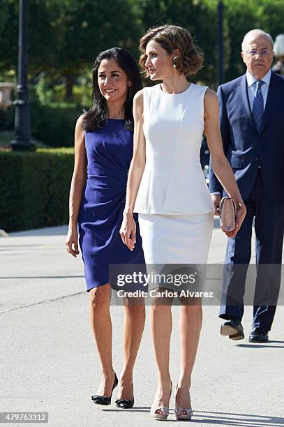 Queen Letizia of Spain receives Peruvian President wife's Nadine Heredia Alarcon at the El Pardo Palace on July 7, 2015 in Madrid, Spain.