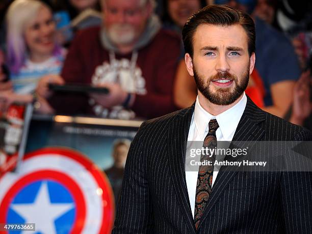 Chris Evans attends the UK Film Premiere of "Captain America: The Winter Soldier" at Westfield London on March 20, 2014 in London, England.