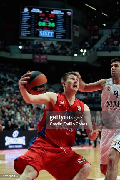 Vorontsevi, #20 of CSKA Moscow during the 2013-2014 Turkish Airlines Euroleague Top 16 Date 11 game between Real Madrid v CSKA Moscow at Palacio...